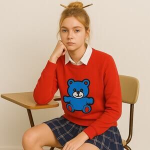 Urban Outfitters Red Sweater Womens M Fuzzy Blue Teddy Bear Kidcore Cottagecore